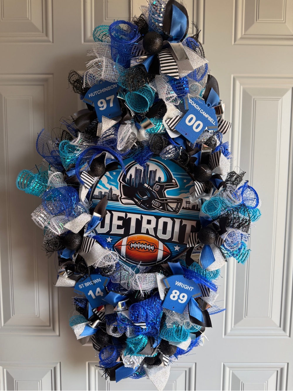 Detroit Football Themed Door Swag Wreath Handmade Hutchinson St. Brown Wright